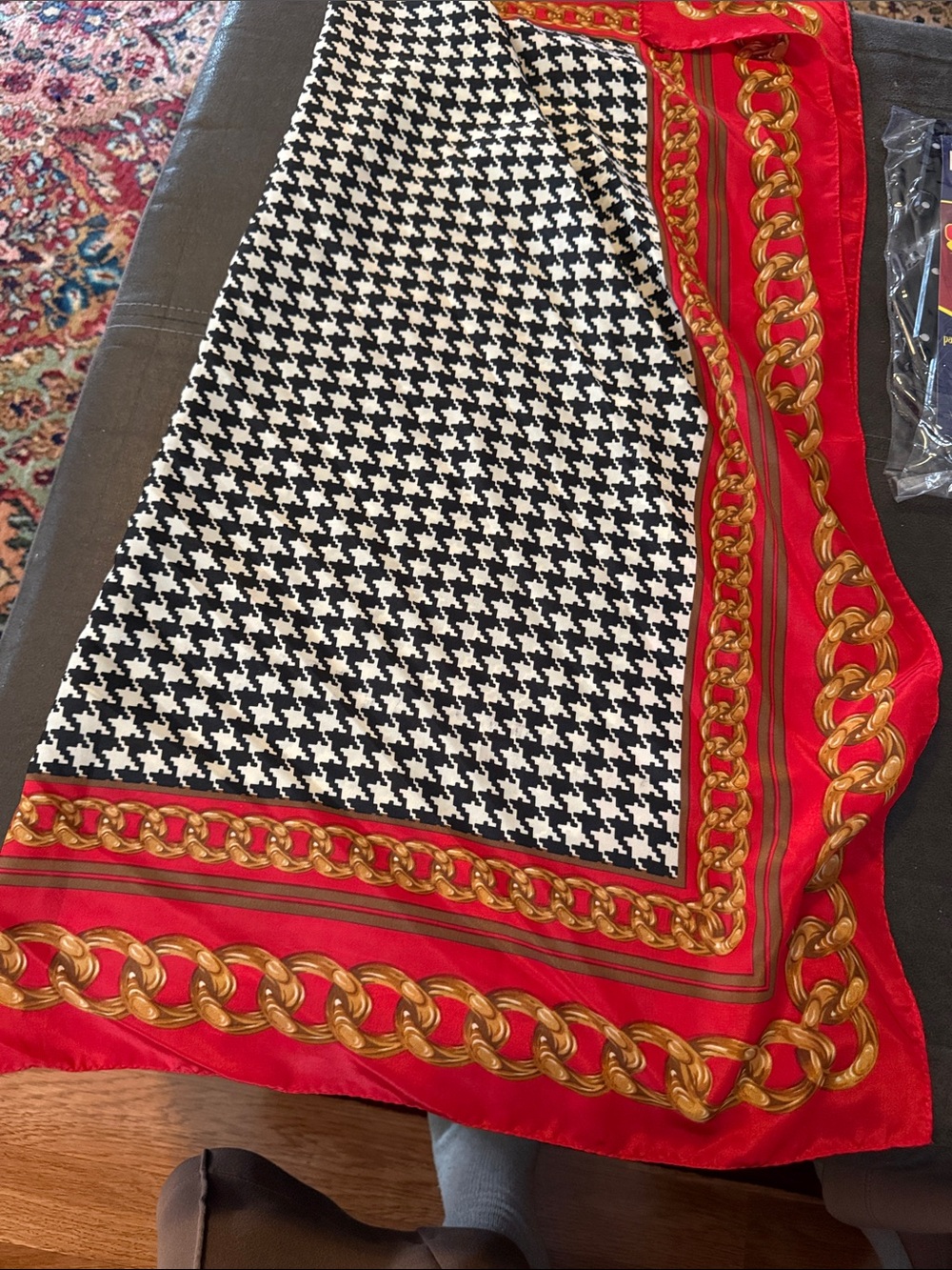 Vintage Adolfo Silk Scarf: Houndstooth & Gold Chain, 34" Square